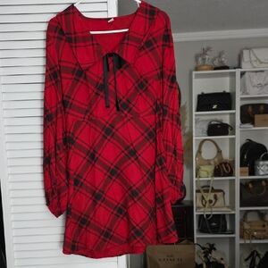 Old Navy Red and Black Plaid Tie-Neck Tunic